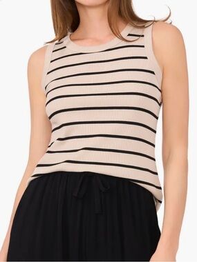 Halogen Ribbed Knit Tank Top XS Black Cream Striped Fitted Minimalist